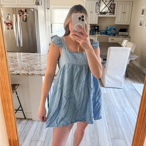 Miou Muse Blue Tencel Babydoll Mini Dress Flutter Sleeves Size L